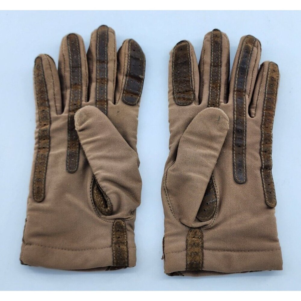 VTG Aris Isotoner Tan Women‎ Fleece Lined Gloves Suede Brown Trim Warm Ups Large - Picture 2 of 6